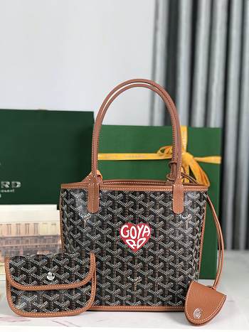 Goyard Anjou Mini Bag In Chevroches Calfskin And Goyardine Canvas Black/ Tan With Oversized Pink Heart 20 x 20 x 10 cm