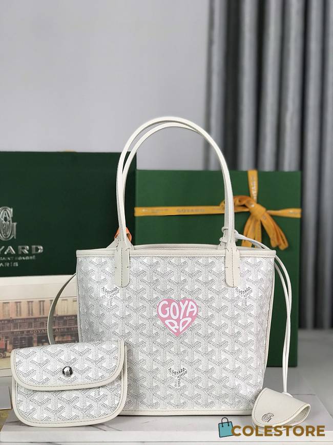 Goyard Anjou Mini Bag In Chevroches Calfskin And Goyardine Canvas White With Oversized Pink Heart 20 x 20 x 10 cm - 1