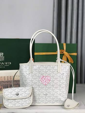 Goyard Anjou Mini Bag In Chevroches Calfskin And Goyardine Canvas White With Oversized Pink Heart 20 x 20 x 10 cm