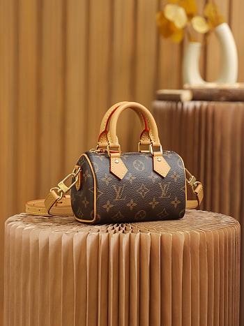 Louis Vuitton Nano Speedy Mini Monogram Coated Canvas Colored Cowhide Leather Trim 16 x 10 x 7.5 cm