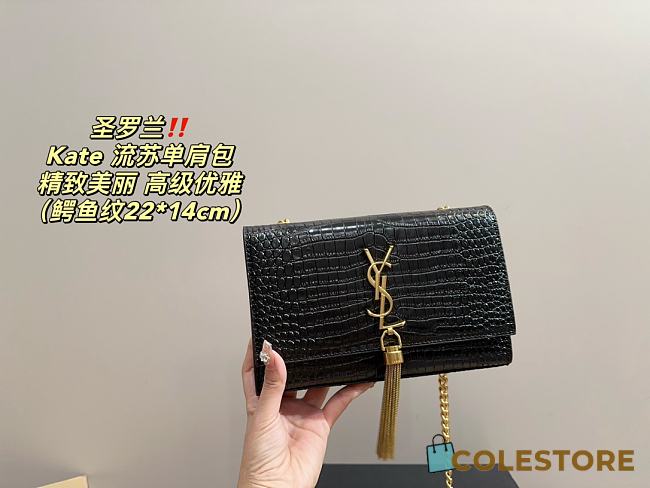 Saint Laurent Medium Kate Croc Embossed Leather Bag Black 22 x 14 cm - 1