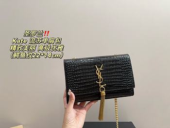 Saint Laurent Medium Kate Croc Embossed Leather Bag Black 22 x 14 cm