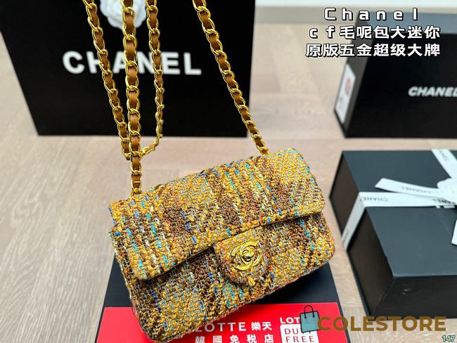 Chanel Flap Bag Mini Tweed Cotton Yellow 20 x 12 cm - 1