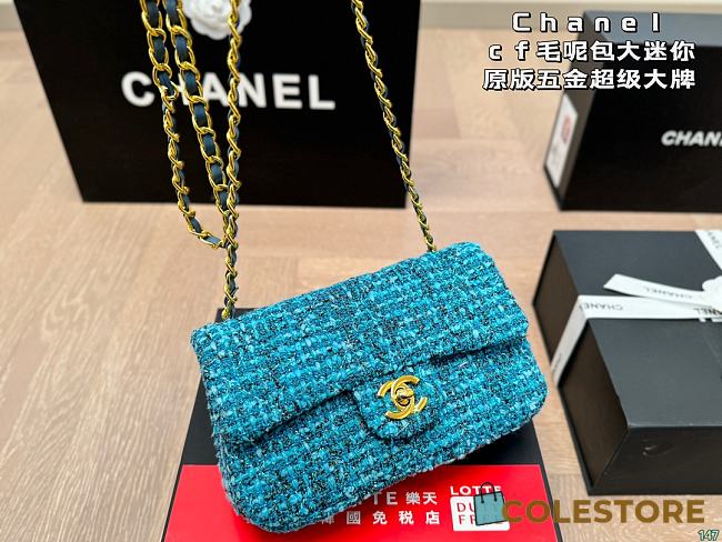 Chanel Flap Bag Mini Tweed Cotton Blue 20 x 12 cm  - 1