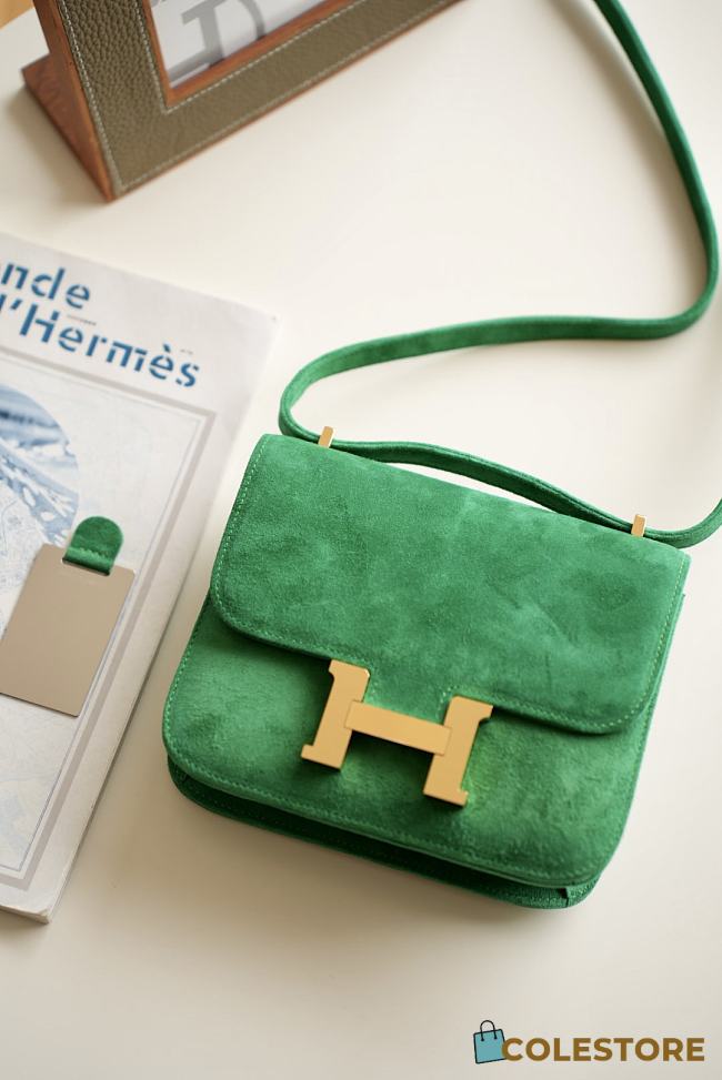 Hermes Shoulder Bag Dobls Suede Gold Hardware Green 19 x 15 x 4 cm - 1