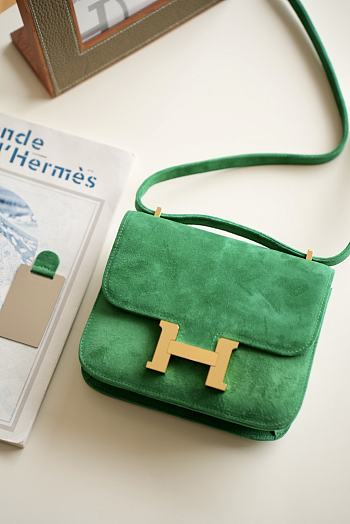 Hermes Shoulder Bag Dobls Suede Gold Hardware Green 19 x 15 x 4 cm