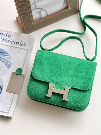 Hermes Shoulder Bag Dobls Suede Silver Hardware Green 19 x 15 x 4 cm