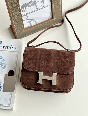 Hermes Shoulder Bag Dobls Suede Silver Hardware Chocolate 19 x 15 x 4 cm