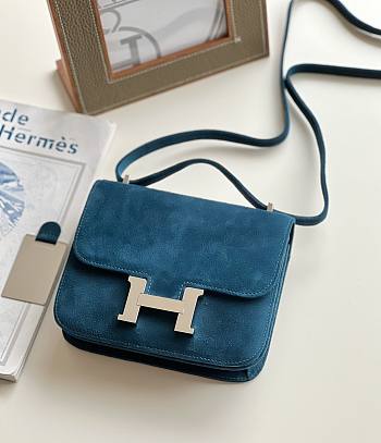 Hermes Shoulder Bag Dobls Suede Silver Hardware Blue 19 x 15 x 4 cm