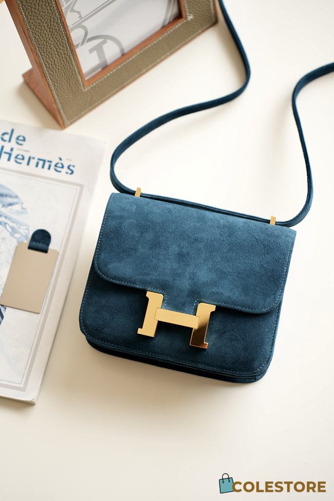 Hermes Shoulder Bag Dobls Suede Gold Hardware Blue 19 x 15 x 4 cm - 1
