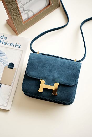 Hermes Shoulder Bag Dobls Suede Gold Hardware Blue 19 x 15 x 4 cm