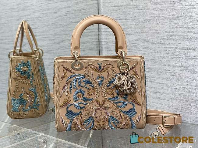  Colestore Dior - Medium Lady Bag Beige Calfskin Embroidered with Multicolor Beaded Floral Motif 24cm - 1