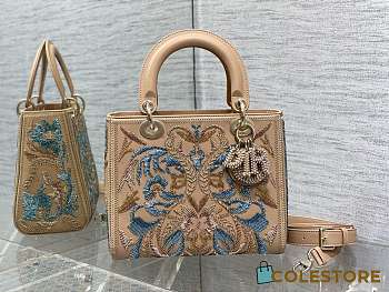  Colestore Dior - Medium Lady Bag Beige Calfskin Embroidered with Multicolor Beaded Floral Motif 24cm