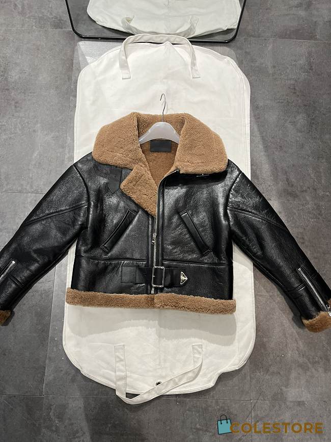 Prada Faux Leather Jacket with Faux Fur Lining Warm Winter Biker Coat - 1