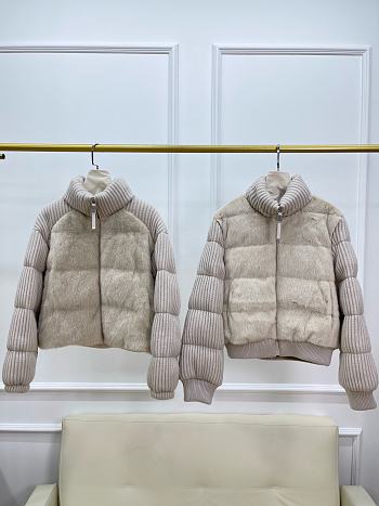 White/ Beige Wool And Fur Coat