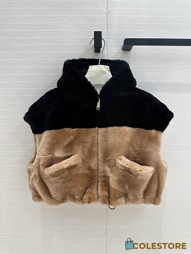 Prada Sleeveless Faux Fur Vest with Hood Brown  - 1
