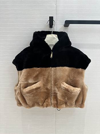 Prada Sleeveless Faux Fur Vest with Hood Brown 
