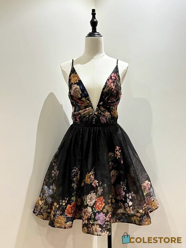 Zimmermann Floral Print Mini Dress with a Plunging Neckline - 1