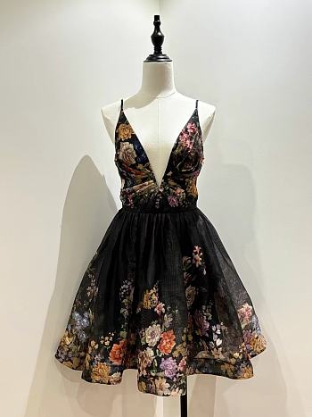 Zimmermann Floral Print Mini Dress with a Plunging Neckline
