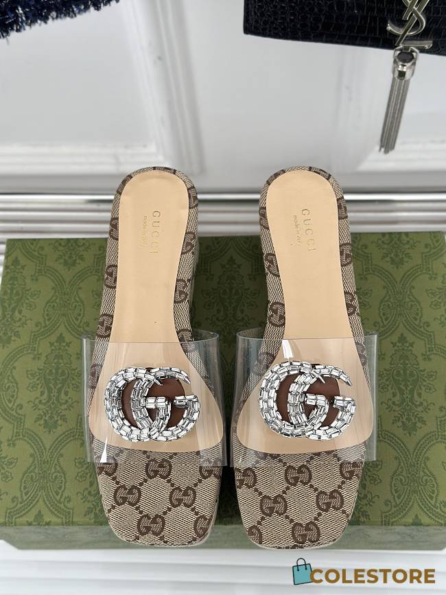 Colestore Gucci CC Crystal-Embellished Transparent High Slides Brown - 1