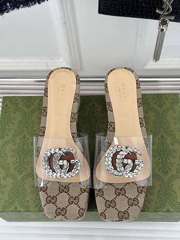 Colestore Gucci CC Crystal-Embellished Transparent High Slides Brown