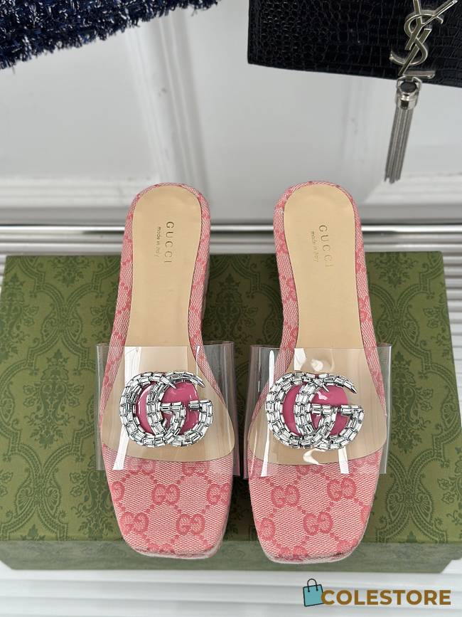 Colestore Gucci CC Crystal-Embellished Transparent High Slides Pink - 1