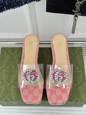 Colestore Gucci CC Crystal-Embellished Transparent High Slides Pink