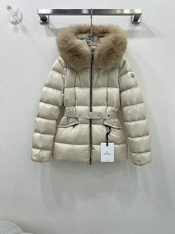 Colestore Moncler Women's Boed Down Jacket with Shearling Hood Trim Black White