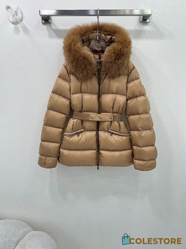 Colestore Moncler Women's Boed Down Jacket with Shearling Hood Trim Brown - 1
