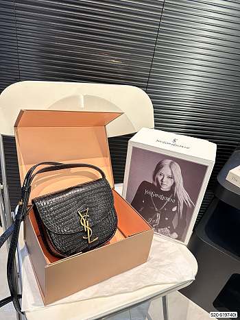Colestore Saint Laurent YSL Kaia Small Satchel in Shiny Crocodile-Embossed Leather Black 18 x 16 cm
