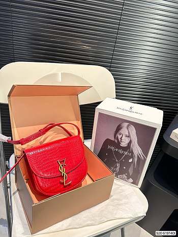 Colestore Saint Laurent YSL Kaia Small Satchel in Shiny Crocodile-Embossed Leather Red 18 x 16 cm