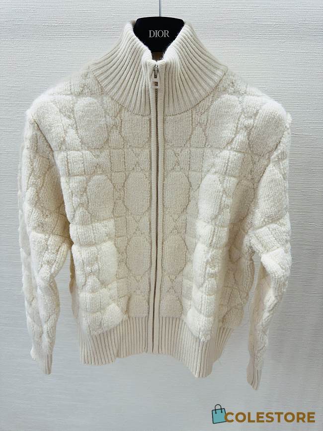Colestore Dior Macrocannage Zipped Cardigan White Wool And Cashmere-Blend Knit White - 1