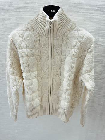 Colestore Dior Macrocannage Zipped Cardigan White Wool And Cashmere-Blend Knit White