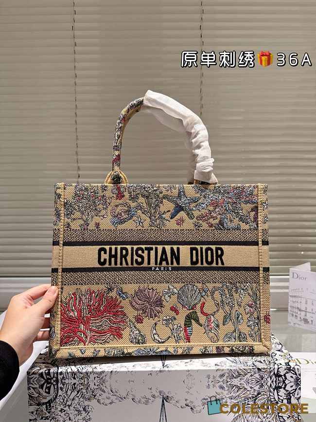 Colestore Dior Book Tote Beige Raffia Embroidered with Multicolor Dior Cabinet de Curiosités Motif 36 cm - 1