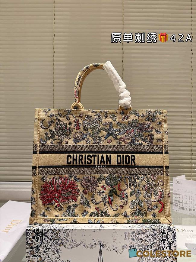 Colestore Dior Book Tote Beige Raffia Embroidered with Multicolor Dior Cabinet de Curiosités Motif 42cm - 1