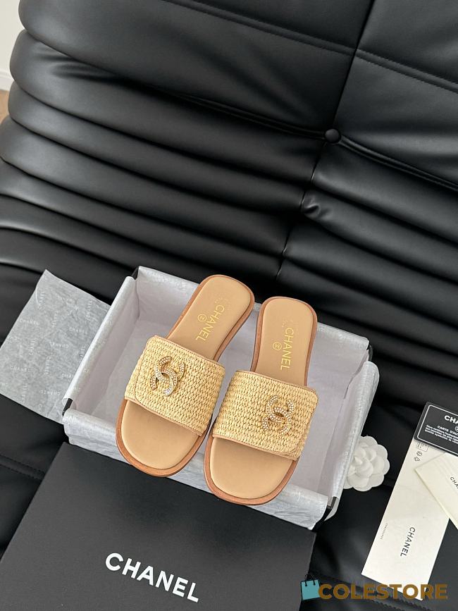 Colestore Chanel White Palm Fiber Slippers Brown - 1
