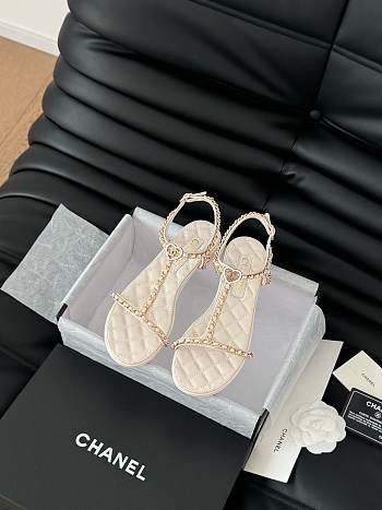 Colestore Chanel Beige Lambskin Chain CC Logo Thong Sandals White
