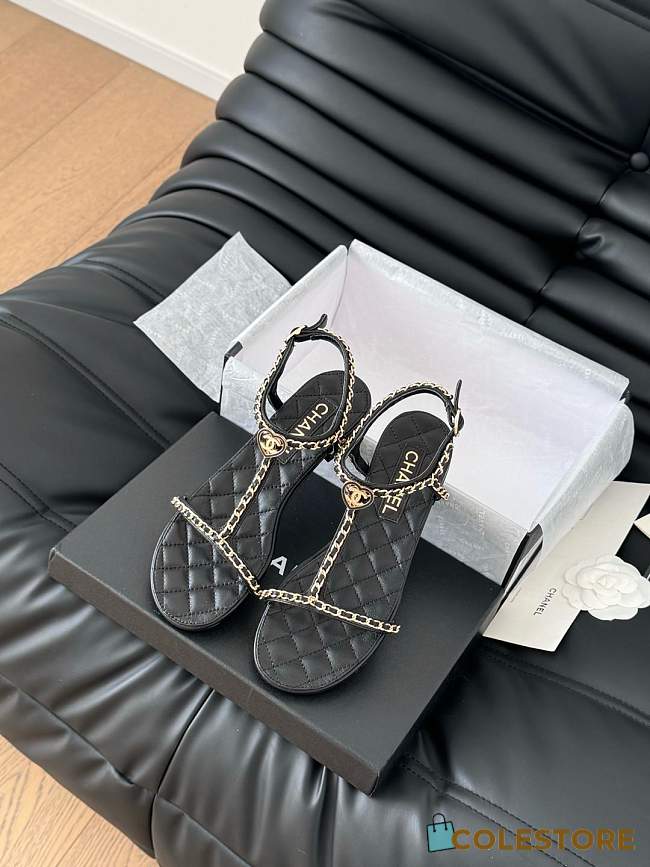 Colestore Chanel Beige Lambskin Chain CC Logo Thong Sandals Black - 1