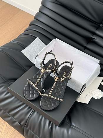 Colestore Chanel Beige Lambskin Chain CC Logo Thong Sandals Black