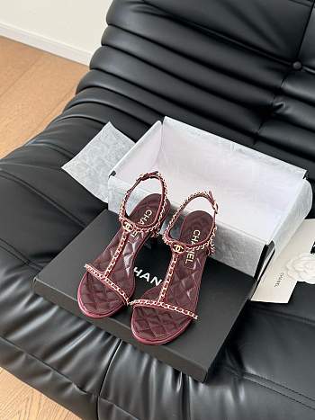 Colestore Chanel Beige Lambskin Chain CC Logo Thong Sandals Heels Black 5cm