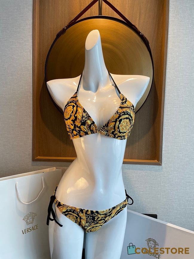 Colestore Versace Barocco Printed Triangle Bikini Top with Bottom Black Gold Swimwear Medusa Amplified Print  - 1