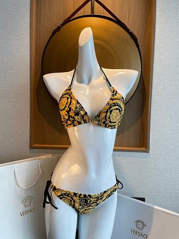 Colestore Versace Barocco Printed Triangle Bikini Top with Bottom Black Gold Swimwear Medusa Amplified Print 