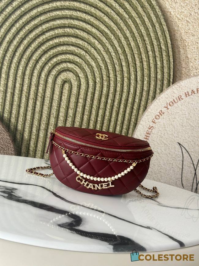 Colestore Chanel 24A Burgundy Pearl Chain Waist Bag 17x24x11cm - 1