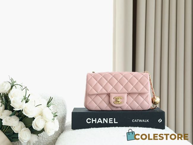 Colestore Chanel Lambskin Quilted Mini CC Pearl Crush Rectangular Flap Pink 20x13x7CM - 1