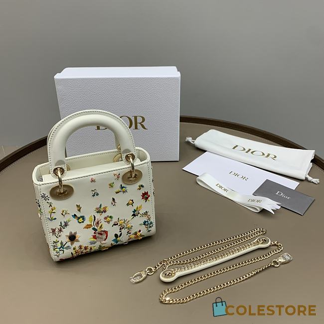 Colestore Dior Bag Latte Calfskin Embroidered with Multicolor Small Flowers Size 17CM - 1