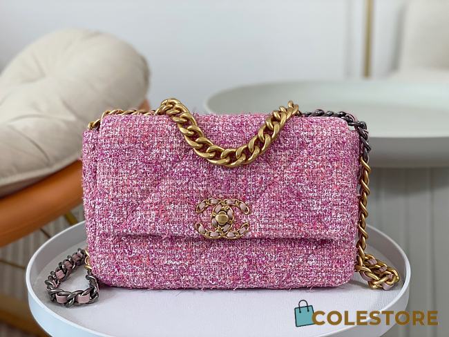 Colestore Chanel 19 Flap Bag Tweed Pink 26x9x16CM - 1