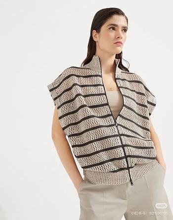 Colestore Brunello Cucinelli Linen Dazzling Striped Net Cardigan