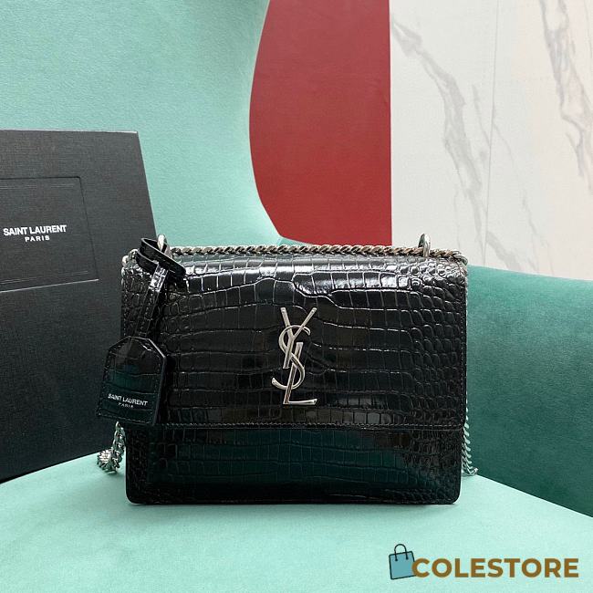 Colestore YSL Sunset Medium in Crocodile-Embossed Leather Black Sliver Hardware 22x9x16cm - 1