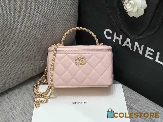Colestore Chanel Vanity Case With Top Handle Grained Leather Pink 17cm  - 1