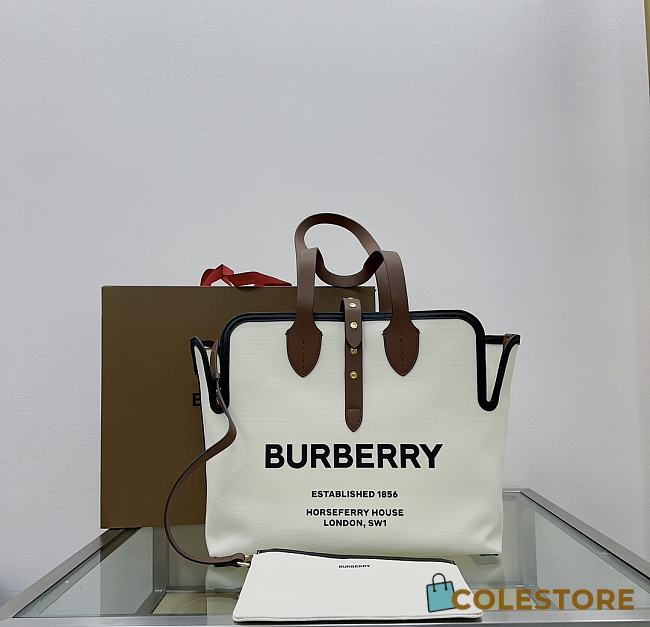 Colestore Burberry Soft Belt Neutral Canvas Bag with Brown Leather Medium 35x15x31cm - 1